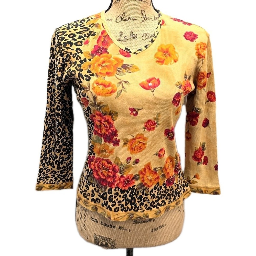 Vintage Y2K Victoria Jones Tan Floral Leopard Top Cottagecore Boho Tee sz M